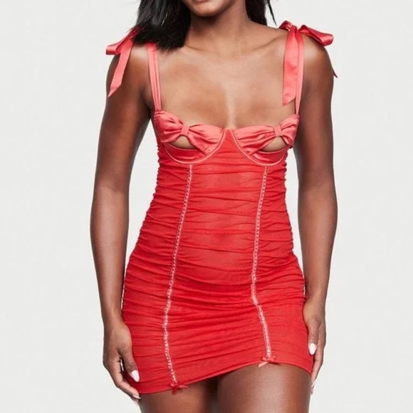 New! Victorias Secret Wicked Open-Cup Bling Ruched Slip Red 31602 - Picture 3 of 13